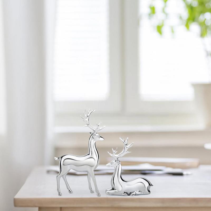 Silver Deer 2PCS Electroplated Silver Deer Figurine Handicraft Piece Resin Sculpture Christmas Center Table Decorations