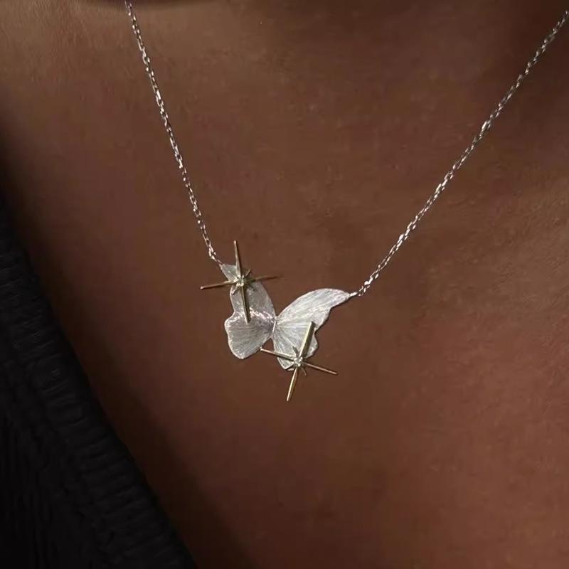 

ANENJERY Brushed Butterfly Shiny Star Zircon Pendant Necklace For Women French Niche Romantic Clavicle Jewelry Gifts Wholesale золотой