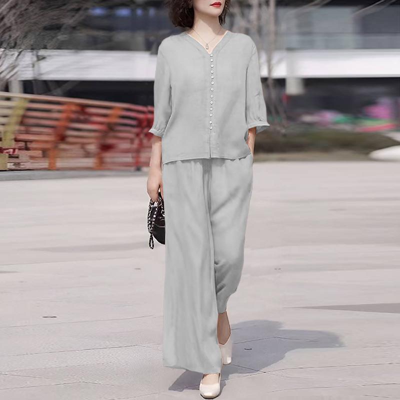 

ZANZEA Женские повседневные комплекты из блузки и брюк с рукавом 3/4 из двух предметов 5XL серый