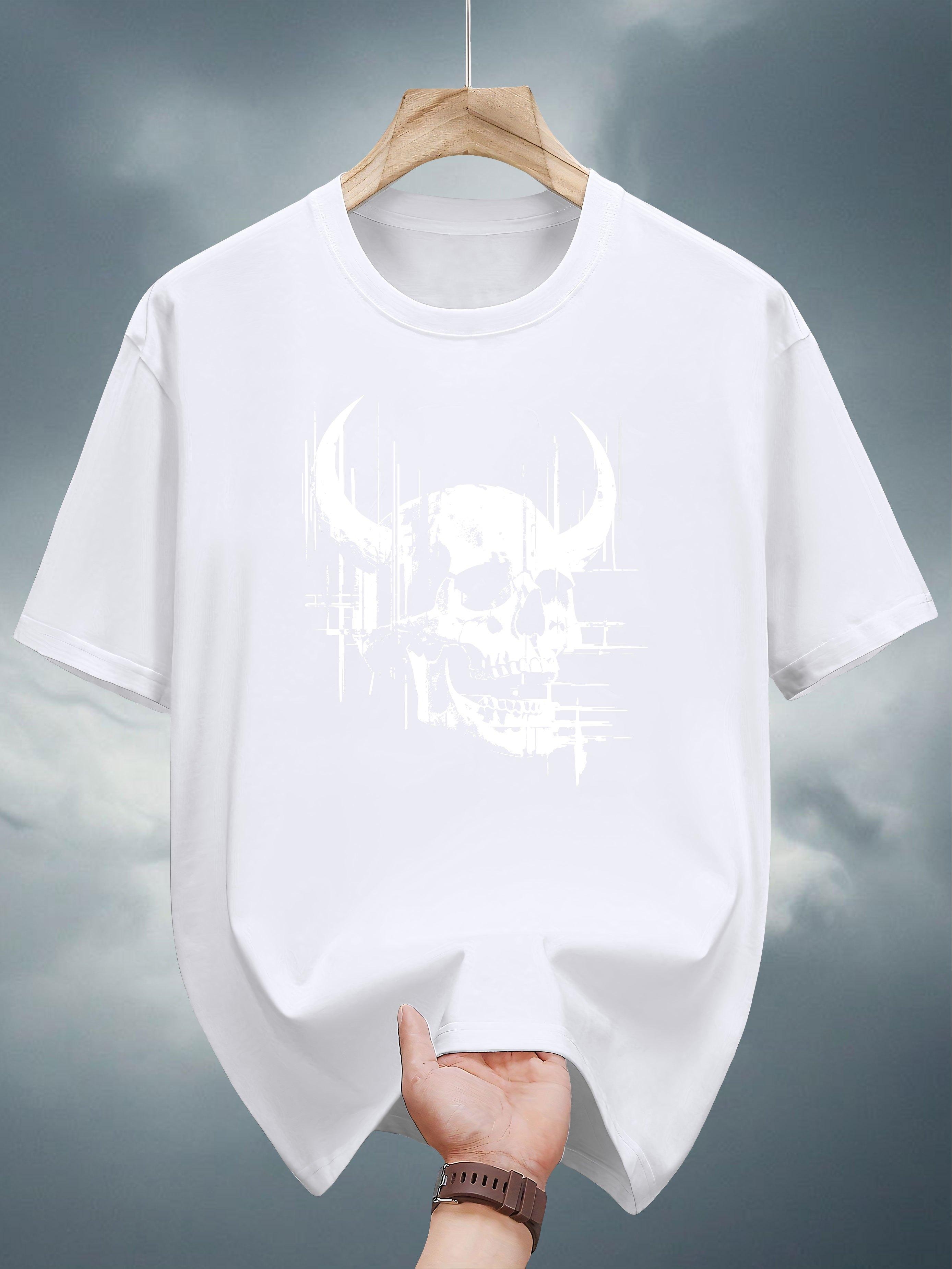 

200g 100% Cotton Graphic T-shirt - Black Casual Short Sleeve Tee with Edgy Skull & Horns Print XL