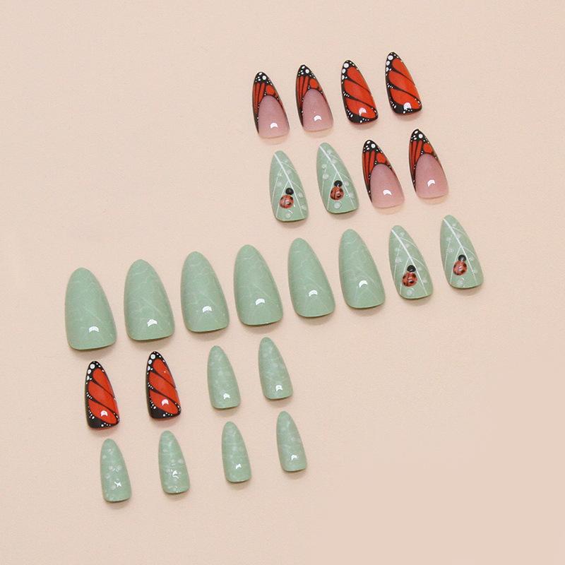 Fake Nails Green Grass Wearing Nail Pads Fake Nails Three-Dimensional Butterfly Seven Stars Ladybug Removable Nail Pads 24 Pieces
