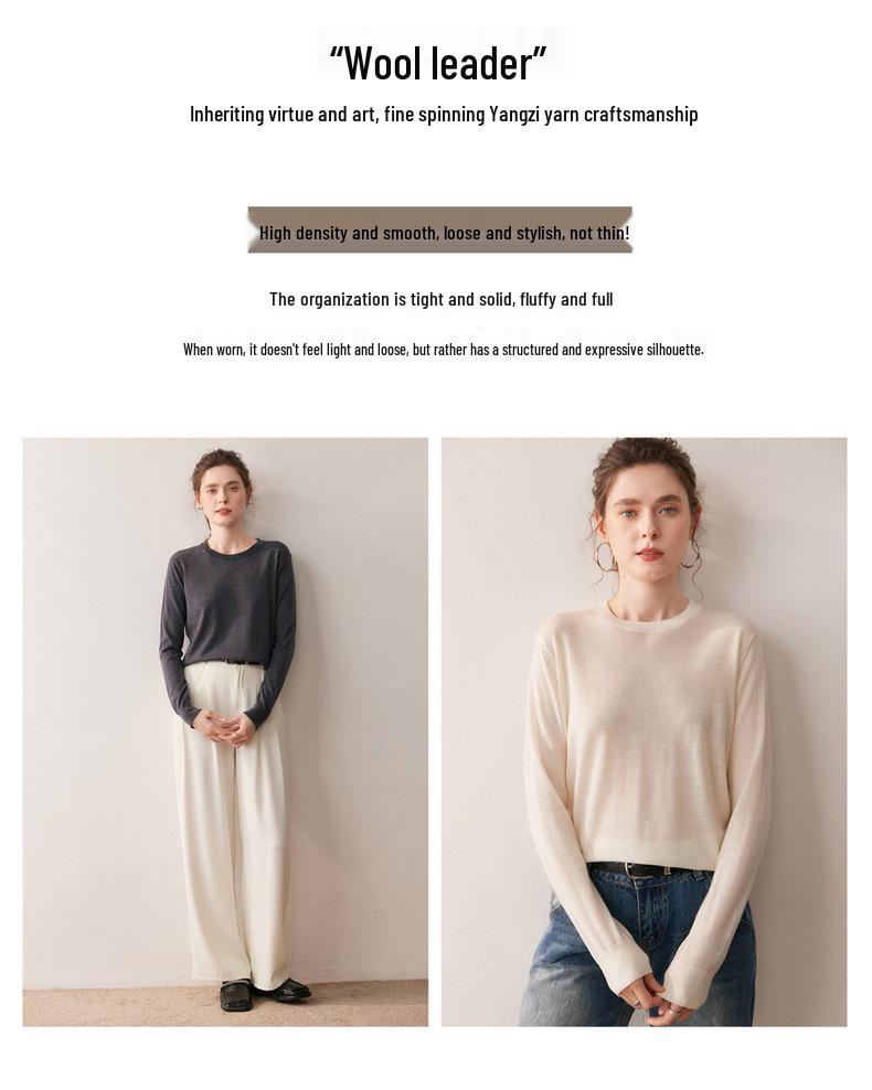 2025 Autumn/Winter Women's 100% Wool Yangzi Yarn Knit Sweater, Round Neck, Solid Color, Loose Fit