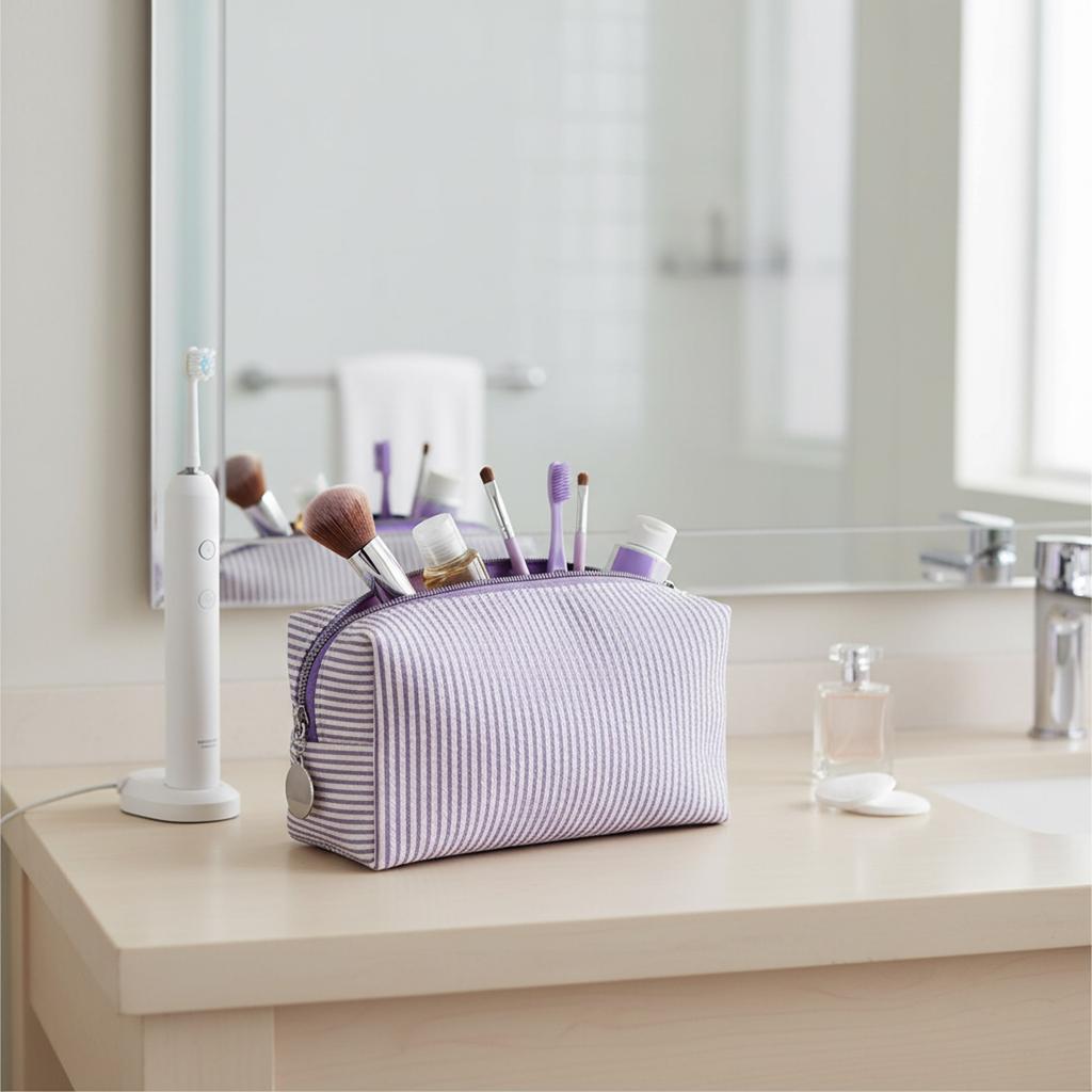 Striped Embroidered Travel Cosmetic Bag Portable Toiletry Organizer for Women Makeup Storage Pouch