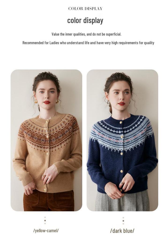 Women's Fair Isle Cashmere Cardigan: Loose, Long Sleeve Knit Sweater for Autumn/Winter