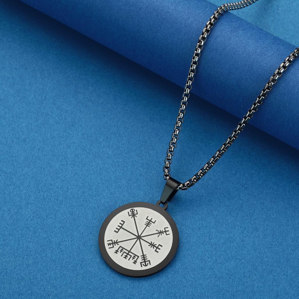 Kinitial Viking Compass Vegvisir Pendant Necklace for Men Boys Stainless Steel the Witcher Medallion Charm Chain Hip Hop Jewelry
