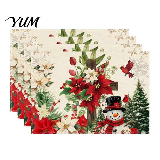 Holiday Party Supplies 4Pcs Christmas Linen Placemat Set, Cartoon Snowman Gingerbread Gnome Table Heat Insulation Pads Mat, Resistant Place