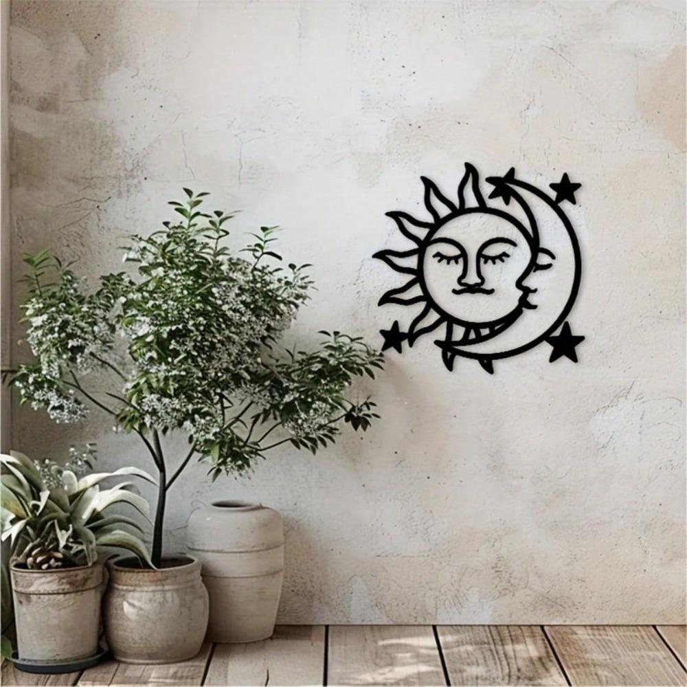 Sonne Mond Metall Wandkunst Schwarzer Sternenhimmel Dekoration für Wohnzimmer Schlafzimmer Arbeitszimmer Innen Außen Hausdekoration