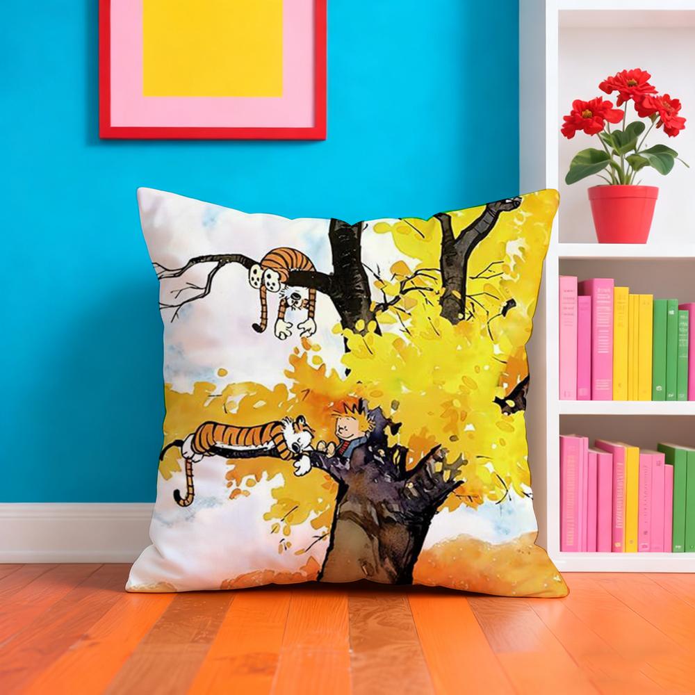 C-Calvin And H-Hobbes Cushion Cover Plush Fabric Soft Double-Sided Printed Sofa Warm Winter Home Gift Pillow Case