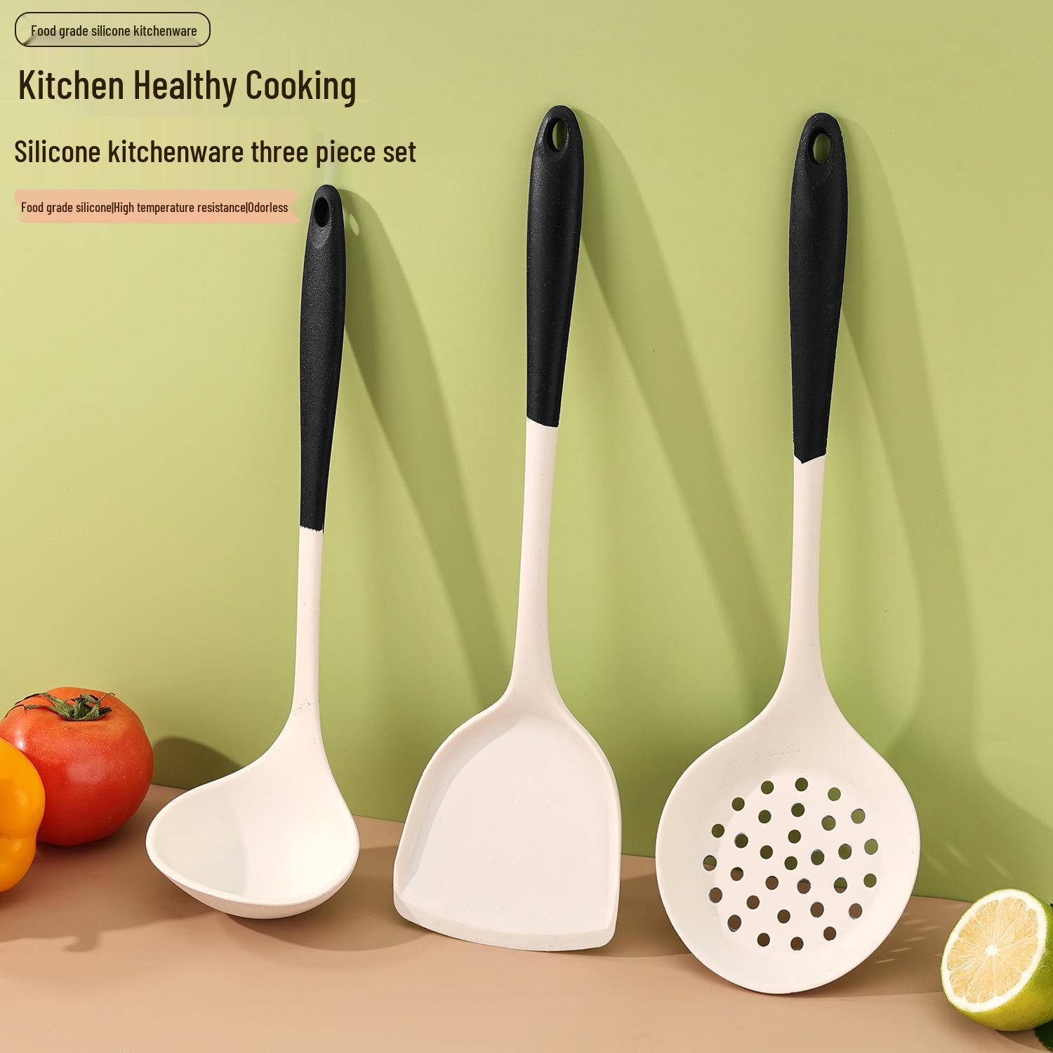 2026 Silicone Kitchenware Set: Food-Grade, Heat-Resistant, Non-Stick Pan, Spoon & Spatula. чёрный/белый
