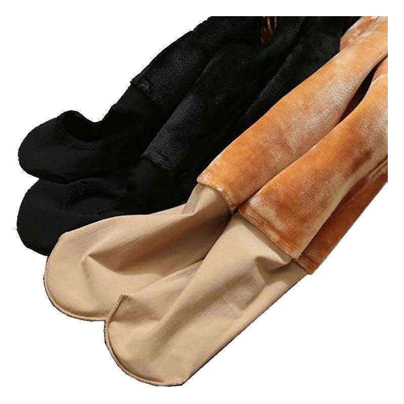 Women's High Waist Winter Faux Sheer Fleece-Lined Leggings with Socks - Nude Feeling Bare Leg Look