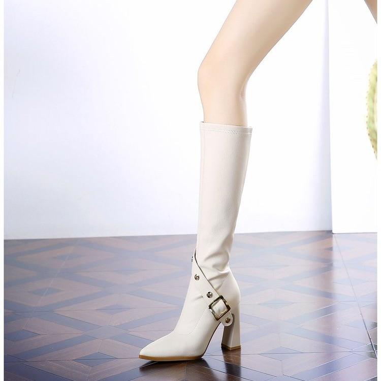 Black Boots Female  New Winter Belt Buckle Thin Pointed Thick Heel Boots Botas De Mujer  Thigh High White Boots