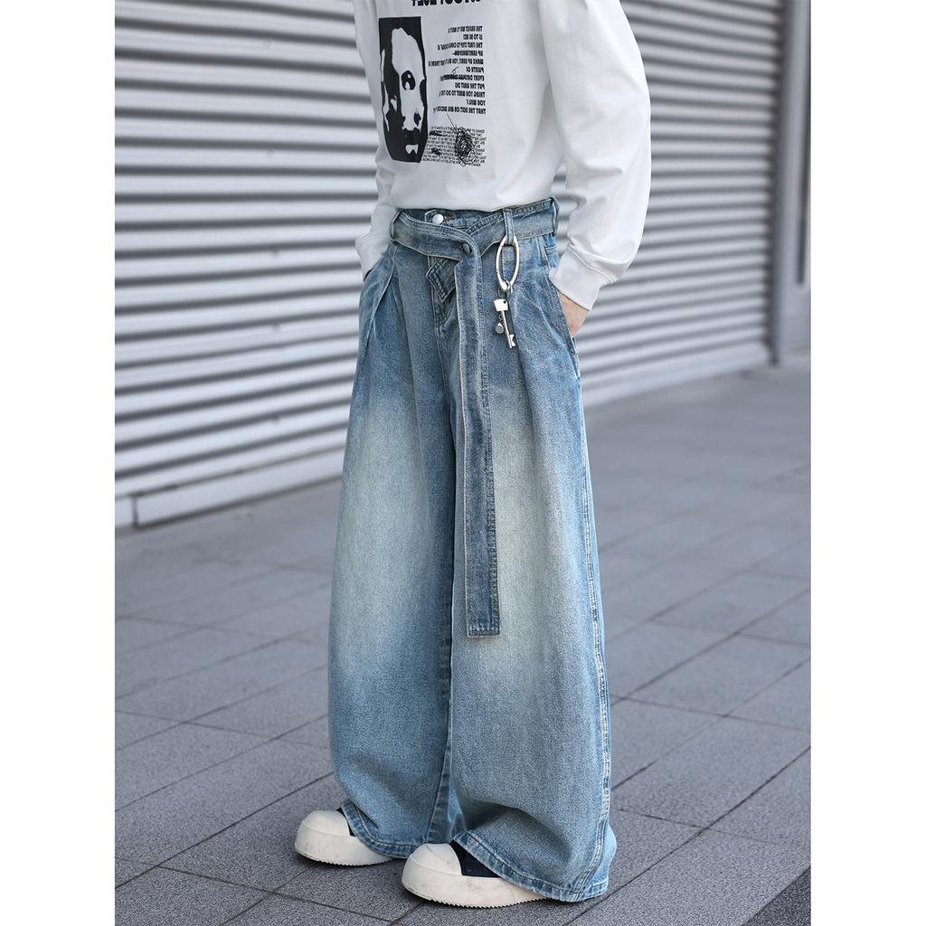 Design Belt Jeans Men's Autumn and Winter Loose Straight Retro Blue Pants American High Street Wide-leg Pants Classic Men's Casual Jeans