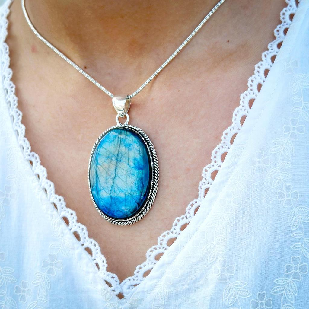 abradorite Gemstone Handmade 925 Sterling Silver Pendant, Natural Blue Shiny Fire Labradorite Jewelry Pendant Gift For Mother