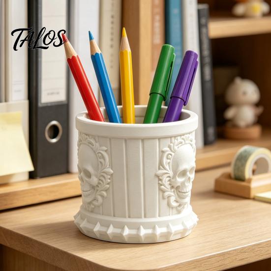 Dark Retro Desktop Decor Gothic Skull Pen Holder, 3D Printed PLA Stationery Organizer, Organizer Halloween Theme Container for Makeup Brushes