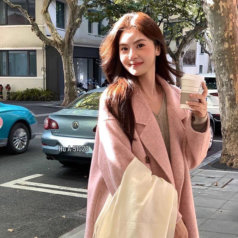 Palton de lână de lungime medie, larg, stil coreean, pentru femei, toamnă/iarnă 2025, trend