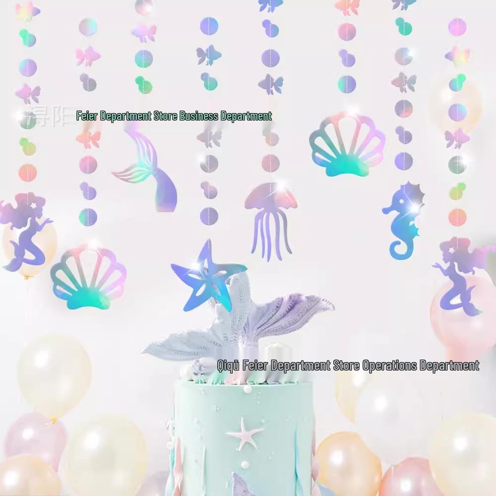 Underwater Mermaid Birthday Party Decoration Set: Pull Flags & Hanging Spirals for Girls