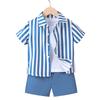 Boys' Two-Piece Summer Set: Korean Style Vertical Stripe Shirt & Casual Shorts