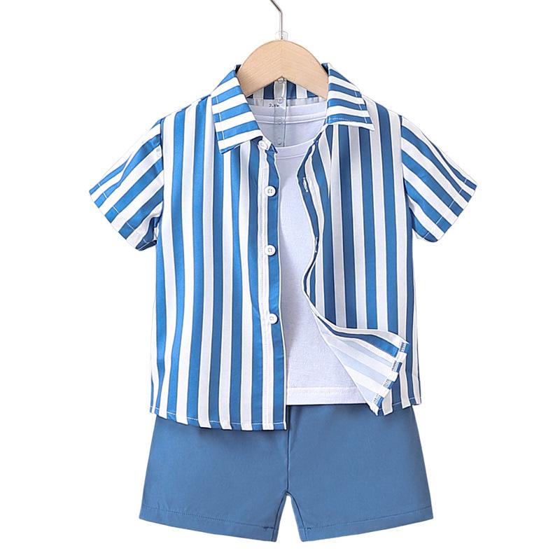 Boys' Two-Piece Summer Set: Korean Style Vertical Stripe Shirt & Casual Shorts