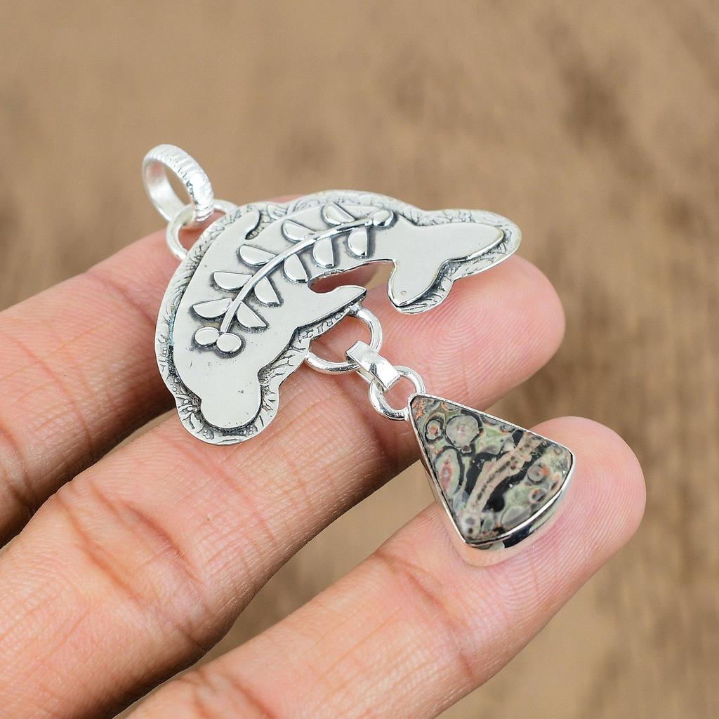 Natural Leopardskin Jasper Gemstone Pendant Fish 925 Sterling Silver For Girls