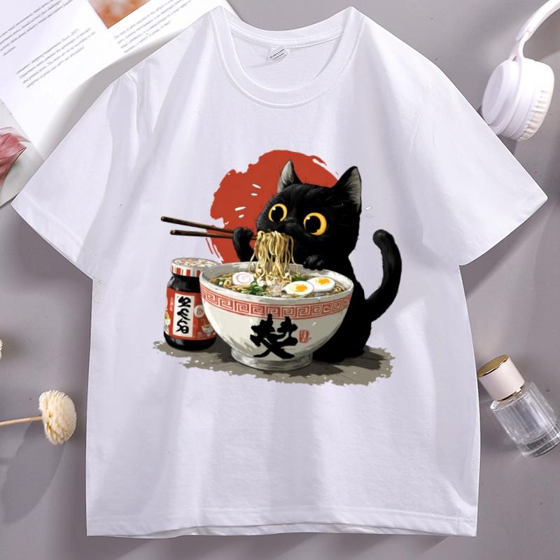 Kawaii Ramen Cat T-Shirt Funny Asian Foodie Graphic Tee Men Women Cotton Short Sleeve Oneck Tsh