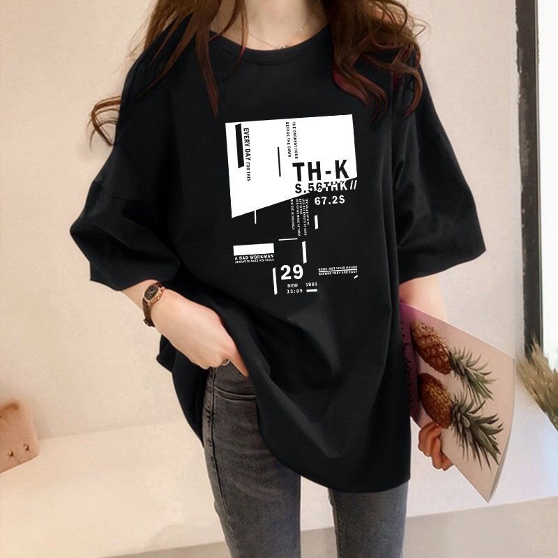 Plus Size Women's Letter Print Mid-Length T-Shirt Loose Crew Neck Short Sleeve Casual Summer Top
