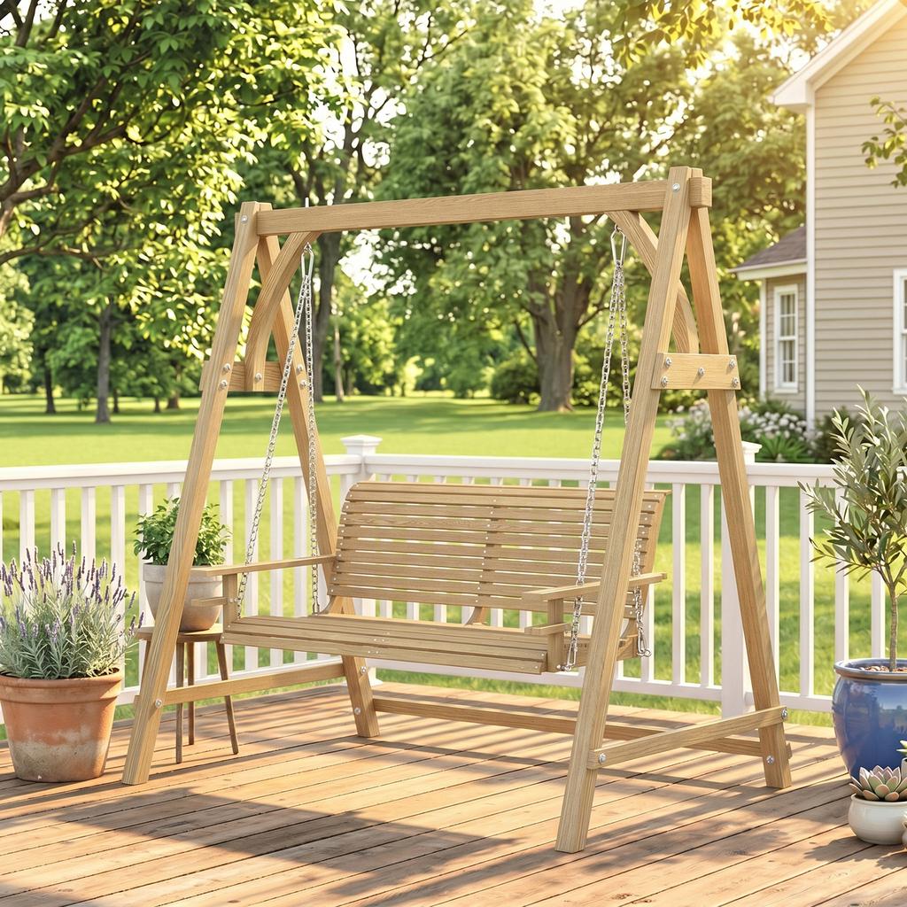 2 Seater Garden Swing Seat, Wooden Swing Chair Bench with Cup Holders for Outdoor Porch Patio, Natural