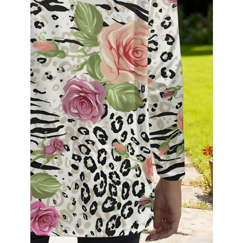 Women's Large Size Leopard Rose Long Sleeve Loose Top with Pocket Print