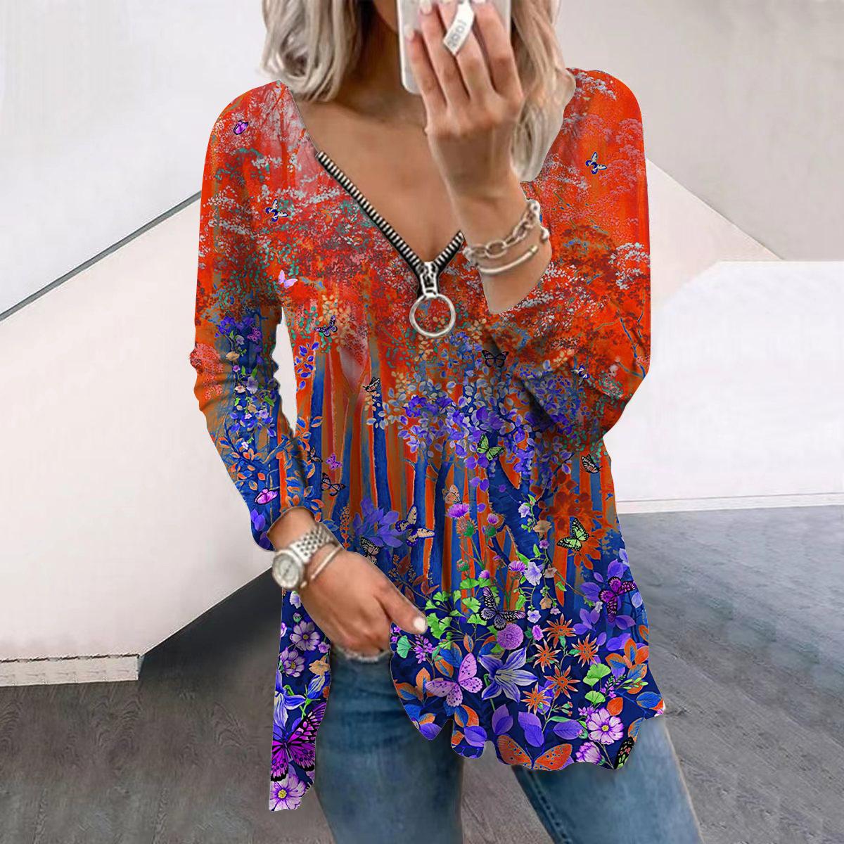 

Женские футболки с длинным рукавом и принтом «Осенний лес, дерево, бабочка», свободные футболки больших размеров с V-образным вырезом, удобные блузки 5XL красный