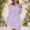 Women Plus Size One Shoulder Chain Strap Long Sleeve Black Blue Printed Bodycon Mini Dress