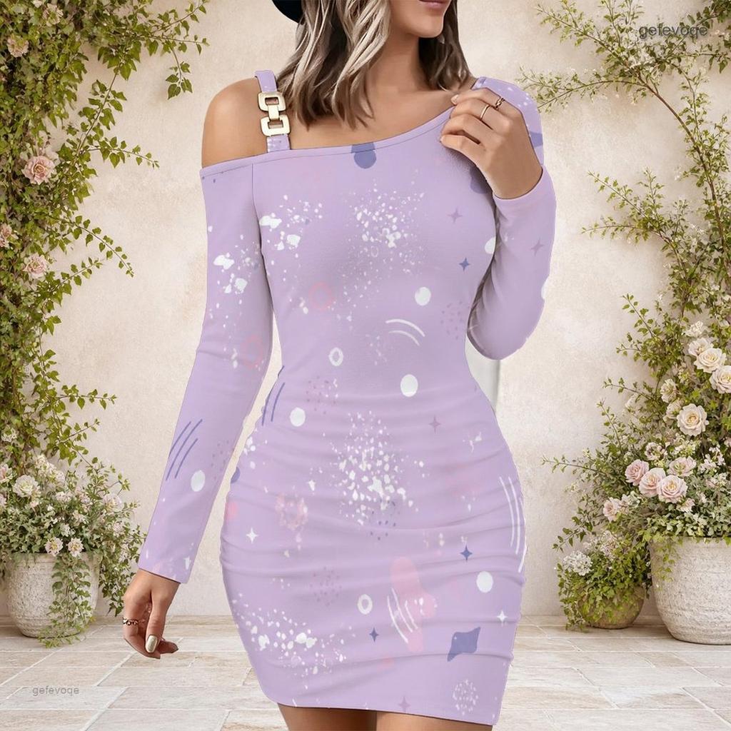 Women Plus Size One Shoulder Chain Strap Long Sleeve Black Blue Printed Bodycon Mini Dress