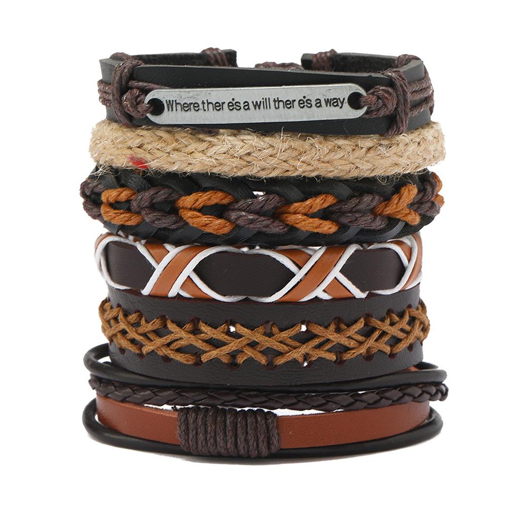 

Винтажный мужской кожаный браслет, модный, плетеный вручную, многослойная нить, черный панк-рок, ювелирные изделия, набор аксессуаров Leather bracelet