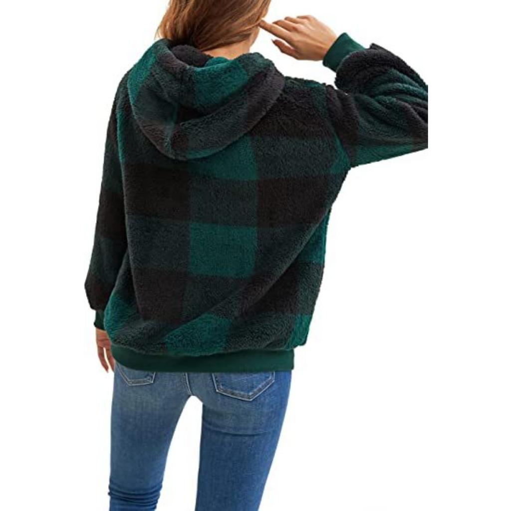 Plush Jacket Long Sleeved Hooded Plaid Plush, Women's Hoodie Jacket
