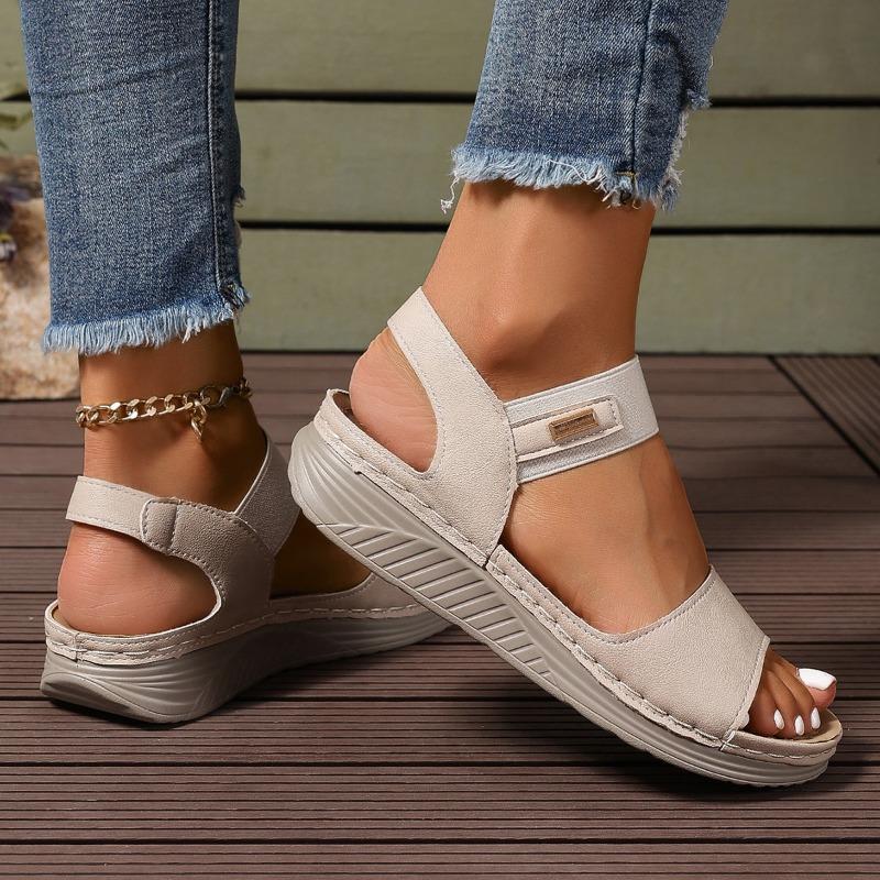Women's Peep-Toe Casual Sandals With Velcro Strap, Roman Style Outdoor Footwear, Available In Large Sizes.