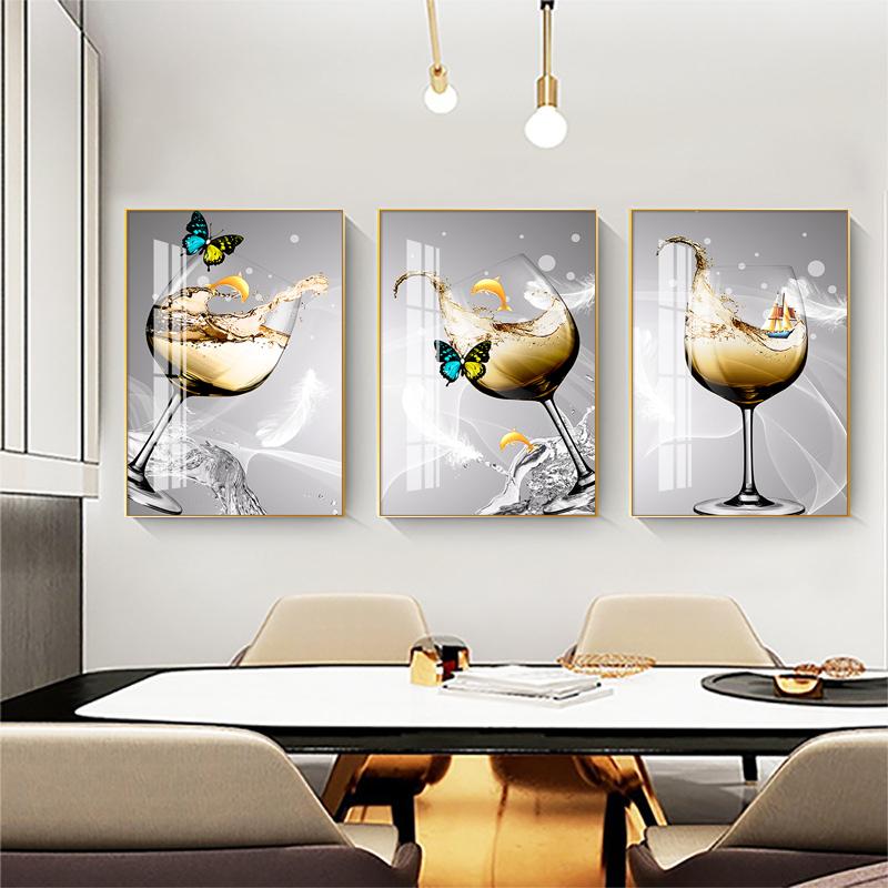 New Chinese Style Wine Glass Canvas Painting Light Luxury Feathers Posters and Prints for Kitchen Dinning Wall Decoration Quadro