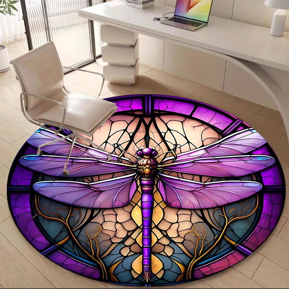 1pc Purple Stained Glass Dragonfly Office Round Area Rug, Under Office Chairs Bedroom Living Room Home Decor, Room Deco