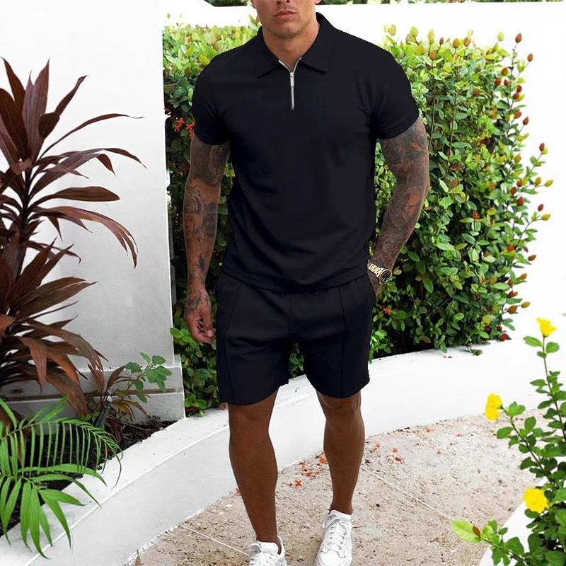 Mens Short Sleeve Tracksuit Casual 2 Piece Set Polo Collar Zip Up Outfit