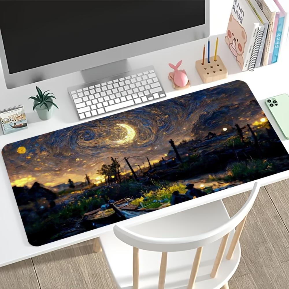 Van Gogh Starry Night Print Large Desk Mat Non Slip Gaming Mousepad Stitched Edge Art Keyboard Mat For Laptop Pc Office Game Use