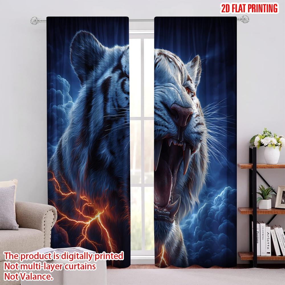 

Flat Printing Drapes White Tiger Fire Lightning Digital Printed Polyester Seasonal Party Holiday Decor Use Curtain Set Of 2 Made Washable W100*H70(CM)-Grommet top&1PCS