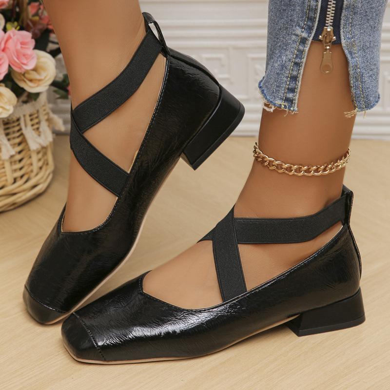 Chaussures grande taille Sangle élastique croisée française ne peut pas tomber, Chaussures simples Mary Jane, Bout carré à ouverture peu profonde Chaussures de ballet