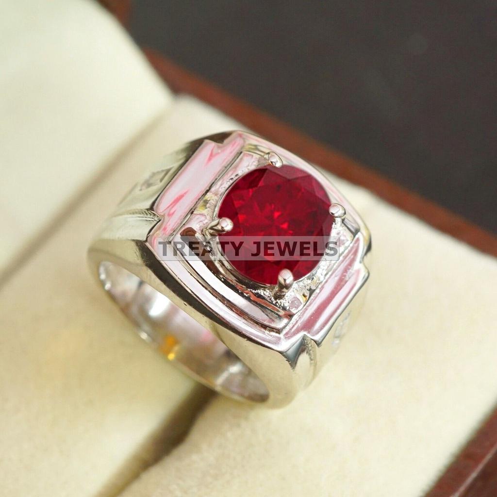 Ruby Oval Cut With 925 Sterling Silver Ring For Men's #B521 JL375684101995