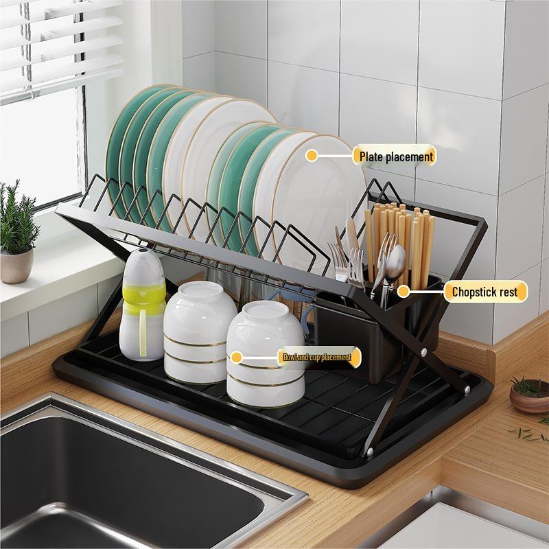 Foldable Wrought Iron Kitchen Dish Rack with Drip Tray & Chopstick Holder