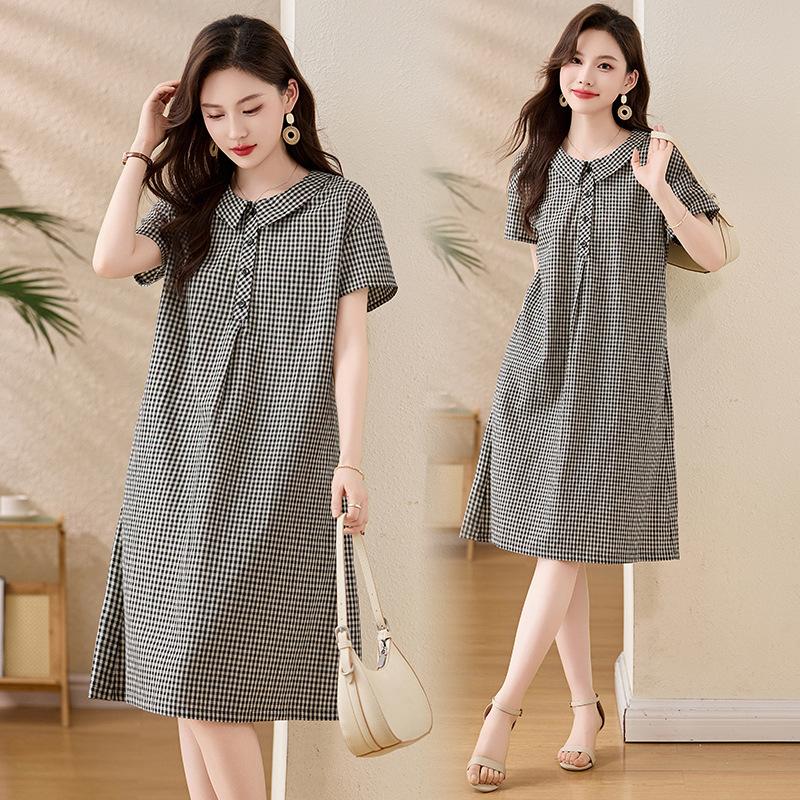 Women's Short Sleeve Midi Dress Peter Pan Collar Loose Waist Casual Plaid A-Line Dress