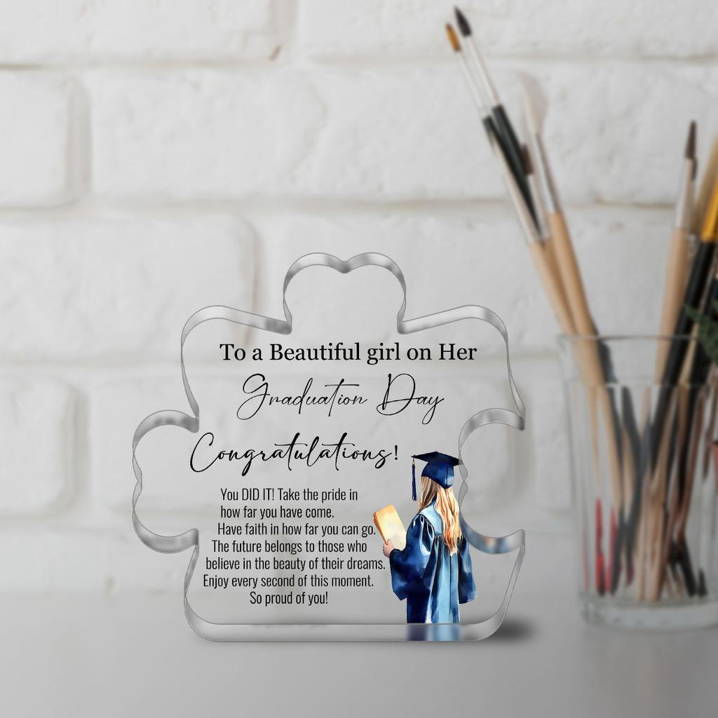 Inspirierendes Acryl-Abschluss-Souvenir - Polierte quadratische Schreibtischplakette mit aufmunternder Botschaft, Perfektes Geschenk für sie