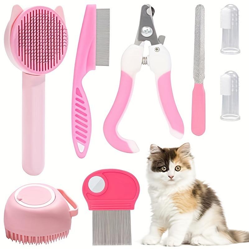 

8Pcs Cat Brush Beauty Kit With Pet Nail Clippers And Files Pet Self-Cleaning Kit Flea Comb Pet Shampoo Bath Brush Pet Sheddin 8 PCS рожевий