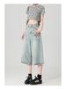 Women's Summer 2025 Light Blue High Waist Wide-Leg Denim Shorts