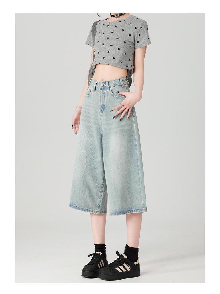 Women's Summer 2025 Light Blue High Waist Wide-Leg Denim Shorts