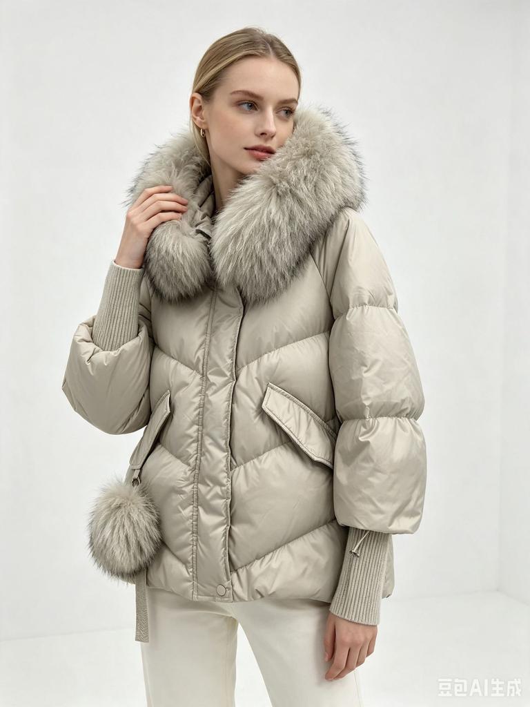 Autumn and winter new Max short hooded big fur collar hairball white duck down jacket fashionable versatile women's coat