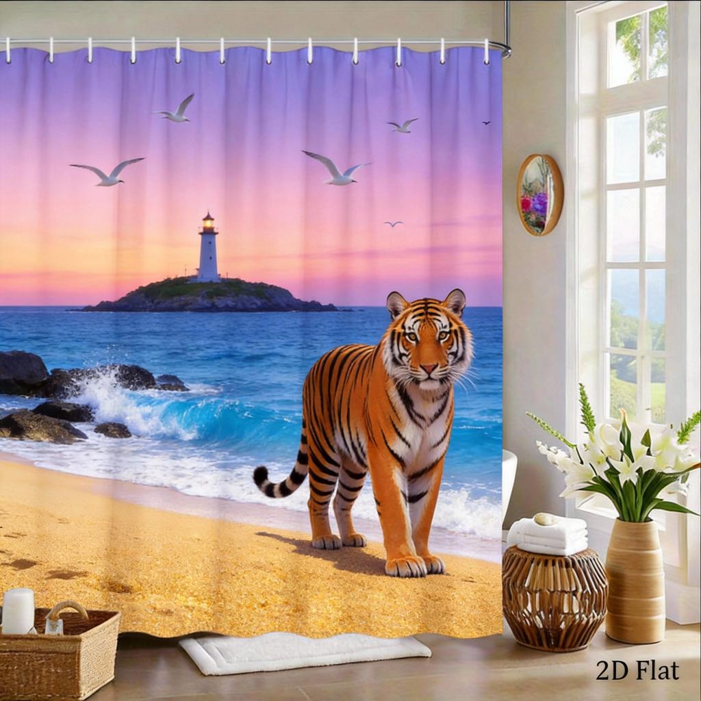 Bengal Tiger Shower Curtain Mountain Landscape Print with Flowers Polyester Bath Curtain with Hooks for Nature Decor