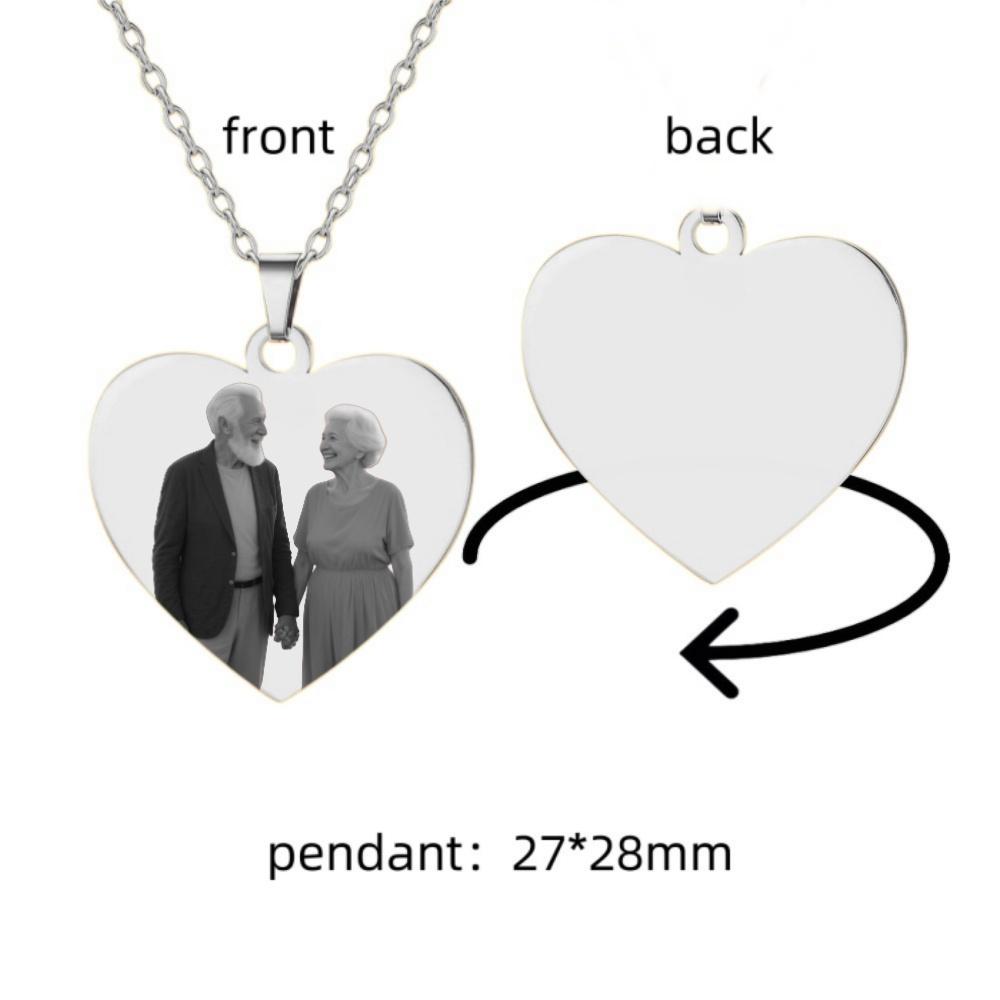 Jeshayuan Engraved Photo Necklace Custom Phicture Text Heart Pendant Necklace Personalized Heart Necklace Name Engraved Choker 35cm