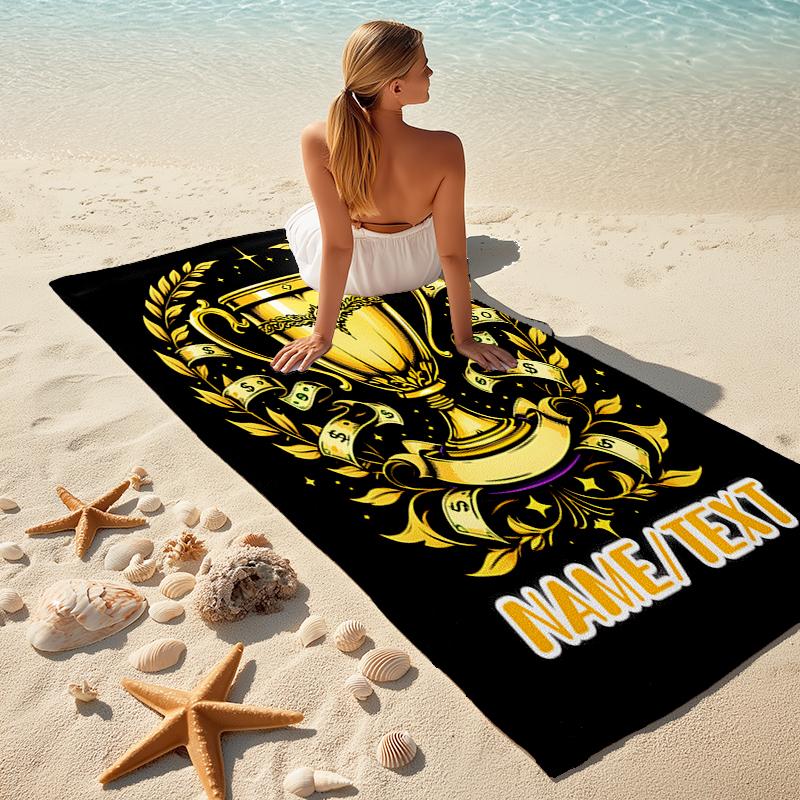 1PC Custom Name Golden Trophy Achievement Beach Towel Highly Absorbent And Sand-Resistant Towel for Swimming, Pool, Yoga, And Travel Lightweight